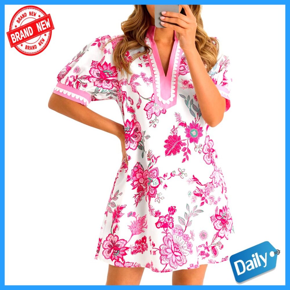 Floral Mini Dress Puff Sleeve V Neck Loose Boho Casual Summer